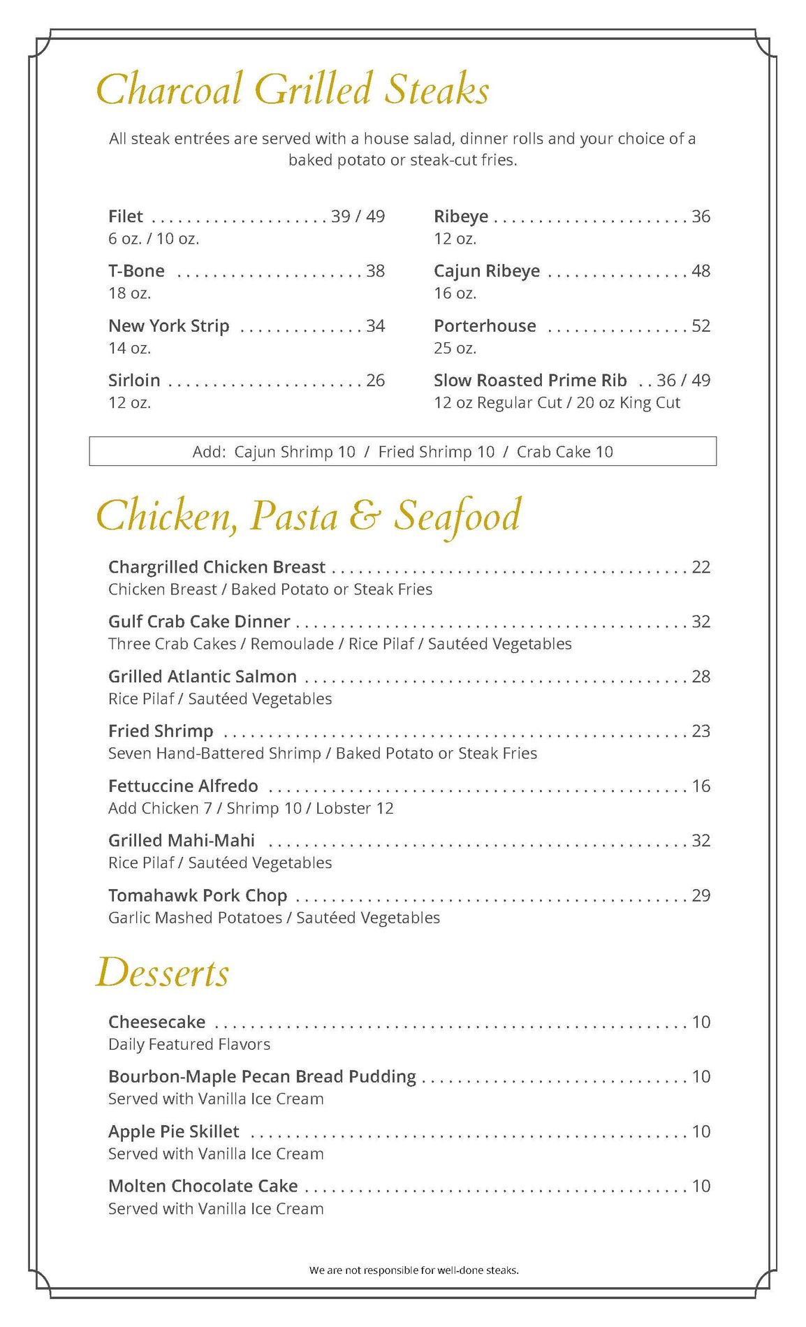 Menu for Clement's Grilled Steaks, Pastas, and Desserts. Features price listings for each item.