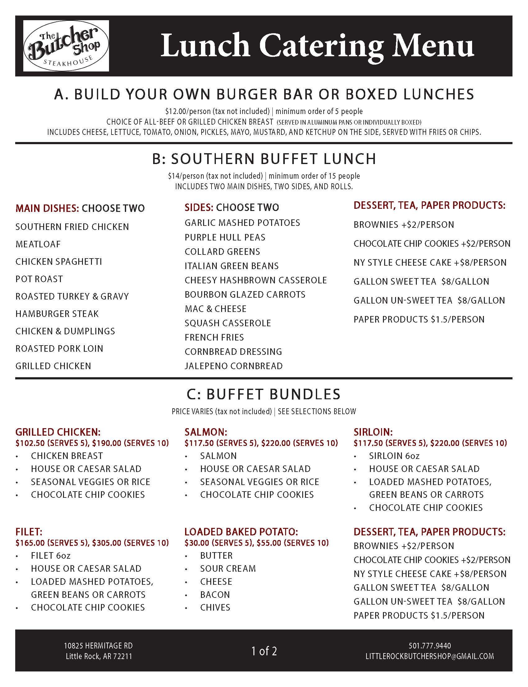 Lunch catering menu with itemized lists: sides, main dishes, and salads.