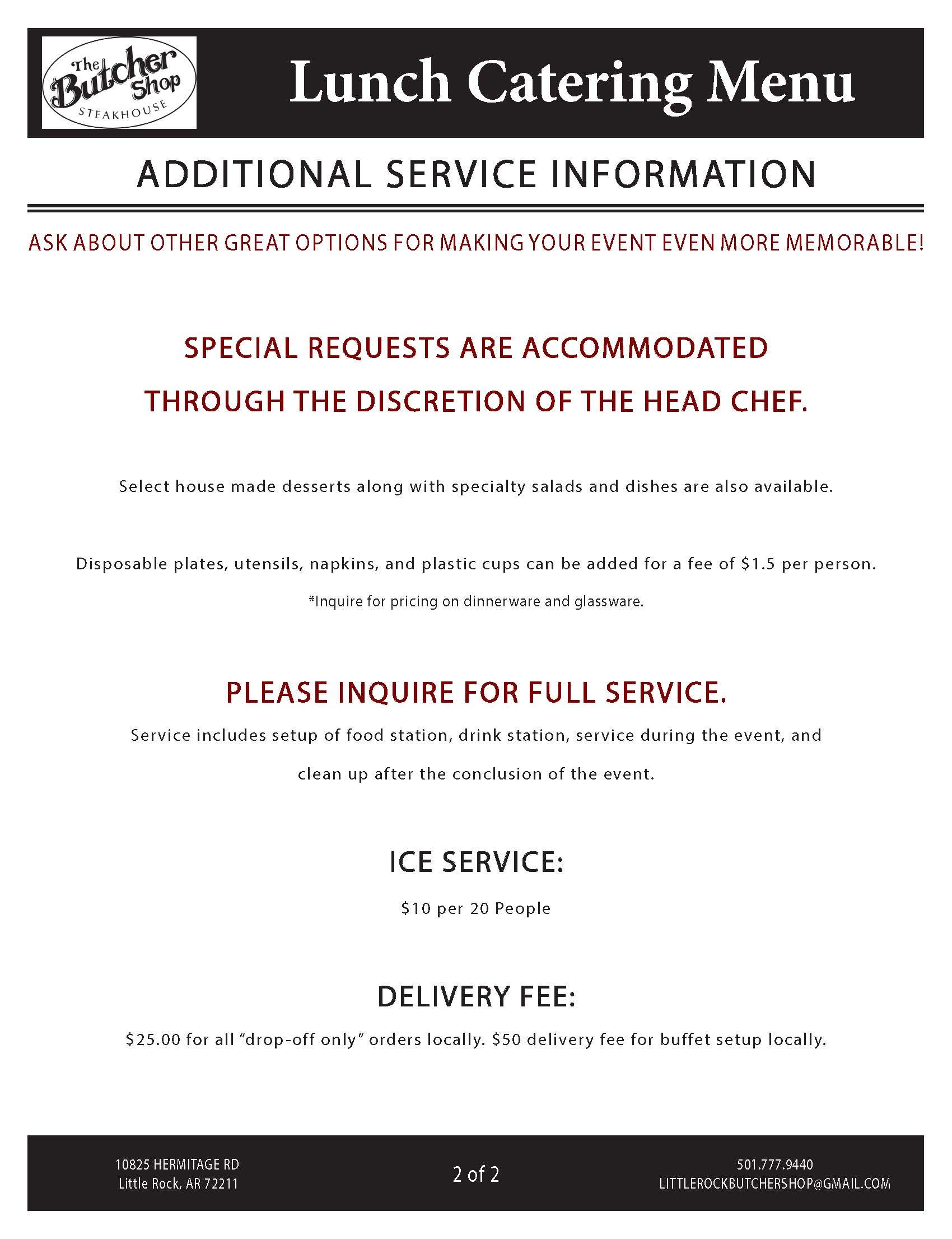 Lunch catering menu with additional service information: special requests, full service, CE service, and delivery fee.