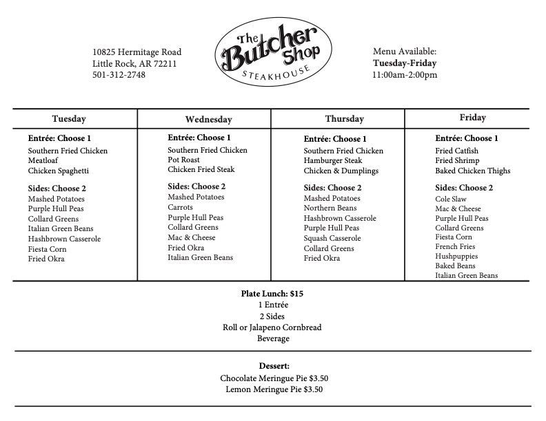 The Butcher Shop | Lunch Menu | Little Rock, Arkansas