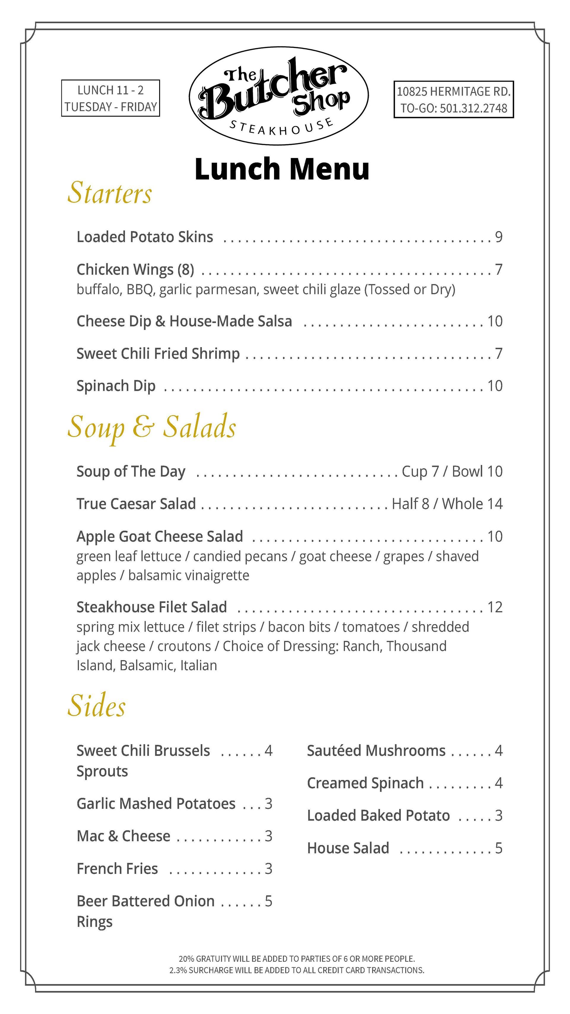 Menu for The Butcher Shop Steakhouse in Little Rock, AR. Lists daily plate lunch options, sides, and desserts.