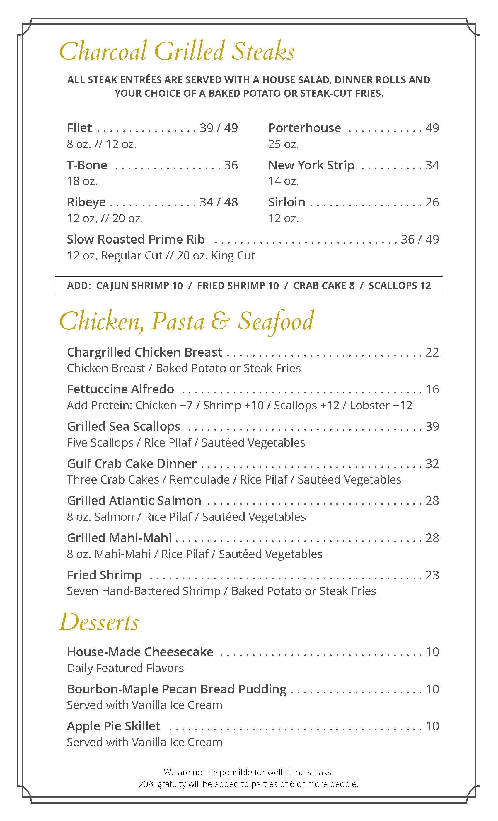 Menu for Clement's Grilled Steaks, Pastas, and Desserts. Features price listings for each item.