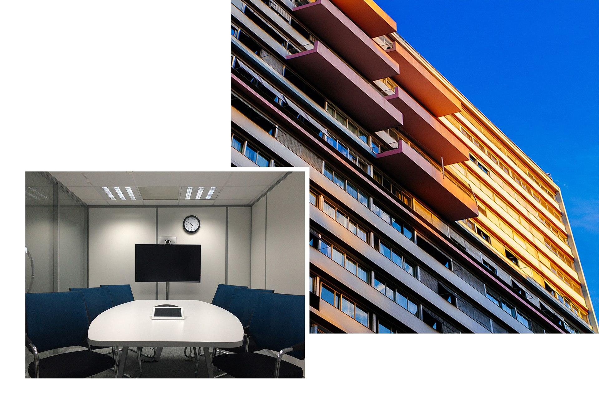 There is a picture of a conference room and a picture of a building.