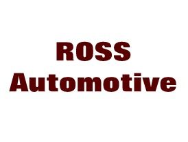 Logo for Ross Automotive in dark red, white background.