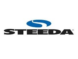 Steeda logo: Black text with a blue swoosh above, on a white background.