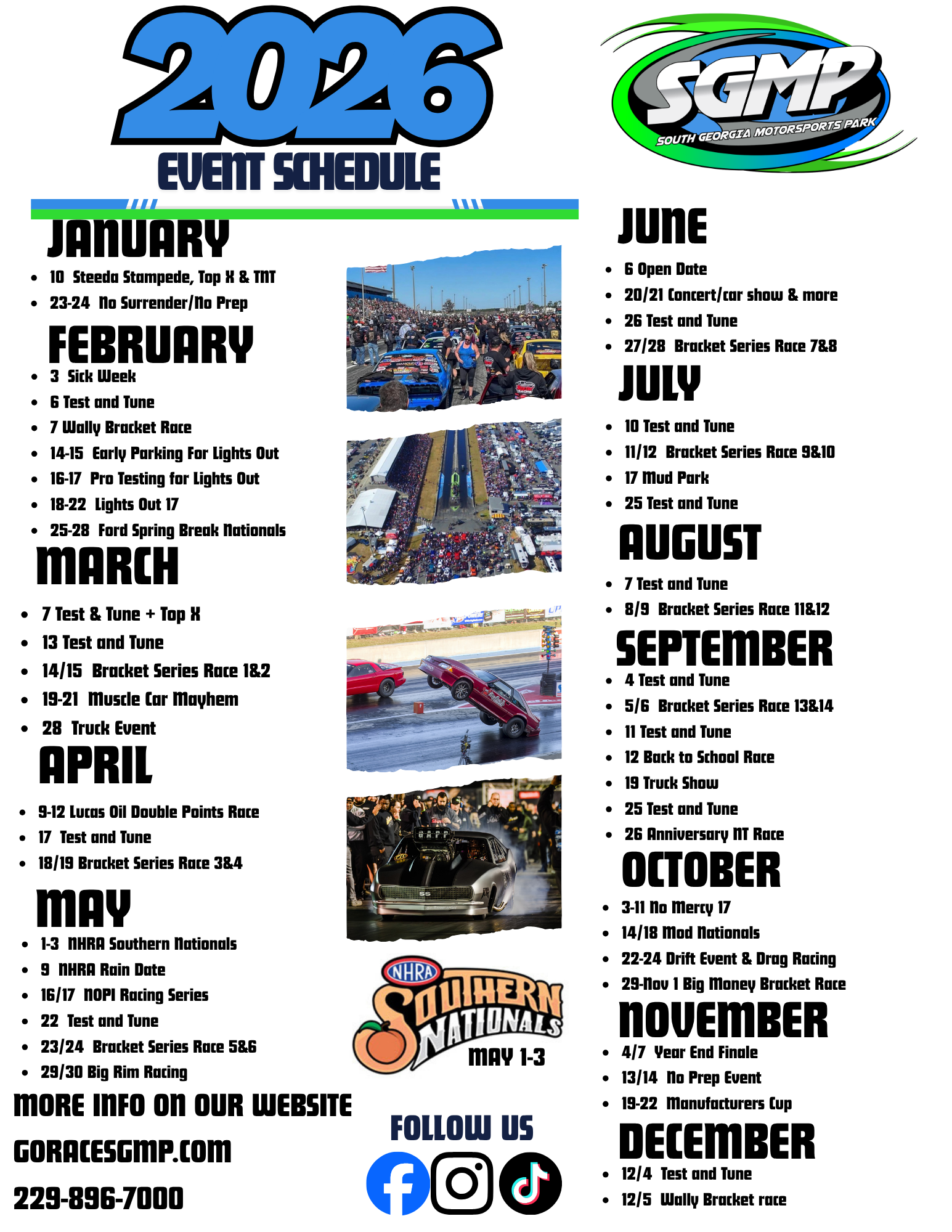2026 racing event schedule with months listed. The SGMP logo is visible.