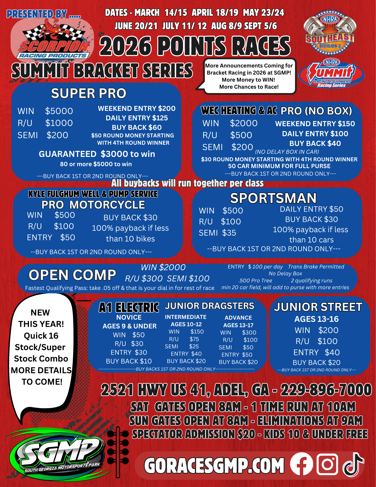 Race event flyer for 2026 Summit Bracket Series at SGMP. Includes race classes, payouts, contact info.