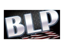 BLP logo with silver letters, diamond plate background, and American flag.
