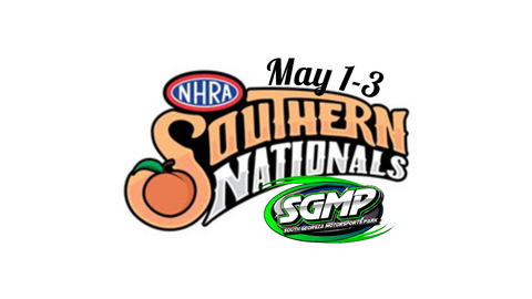 NHRA Southern Nationals logo: peach, dates May 1-3, SGMP logo.