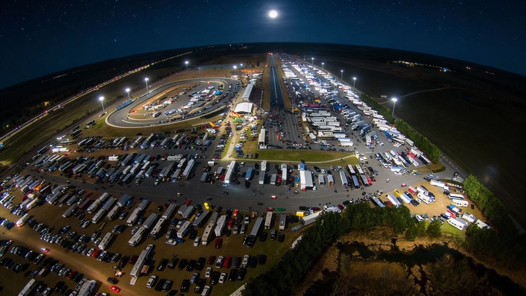 Nighttime aerial view of a brightly lit racetrack and surrounding parking area filled with vehicles, under a starry sky.
