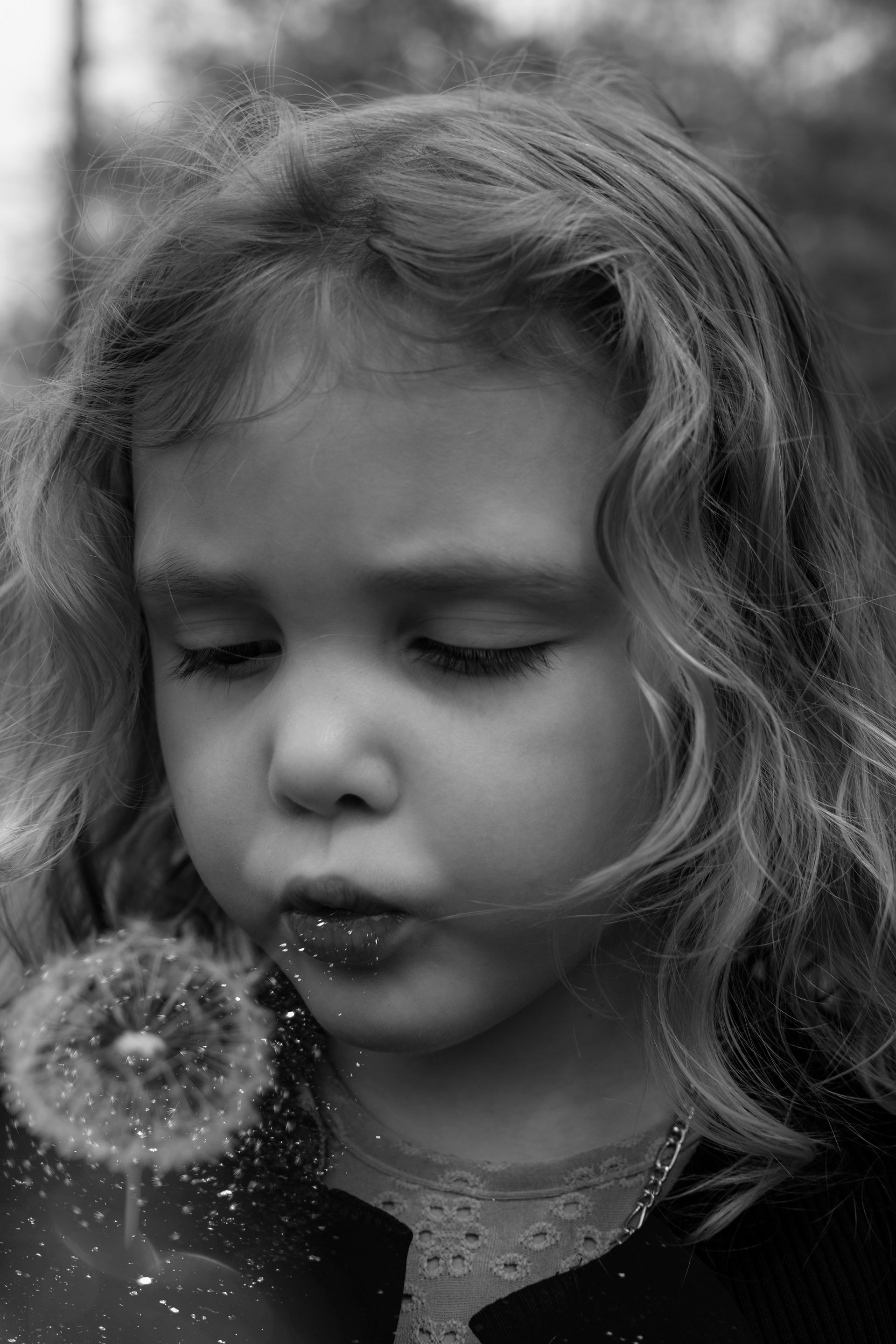 Een klein meisje blaast een paardenbloem op een zwart-witfoto.