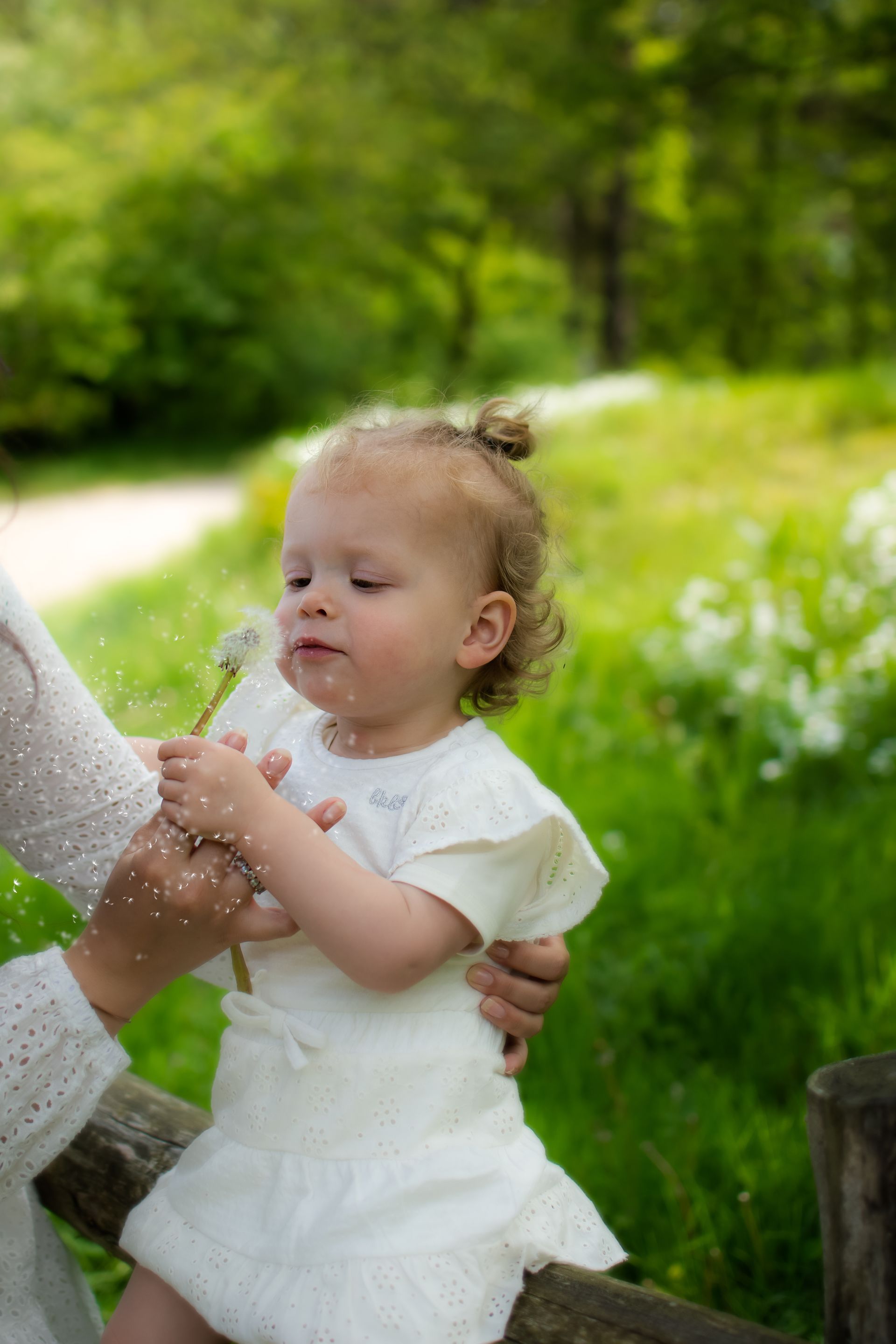 Een klein meisje in een wit jurkje blaast een paardenbloem.