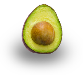 Half an avocado with the seed, green and brown colors.