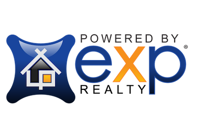 Logo for eXp Realty, features a house icon within a blue shape, and 