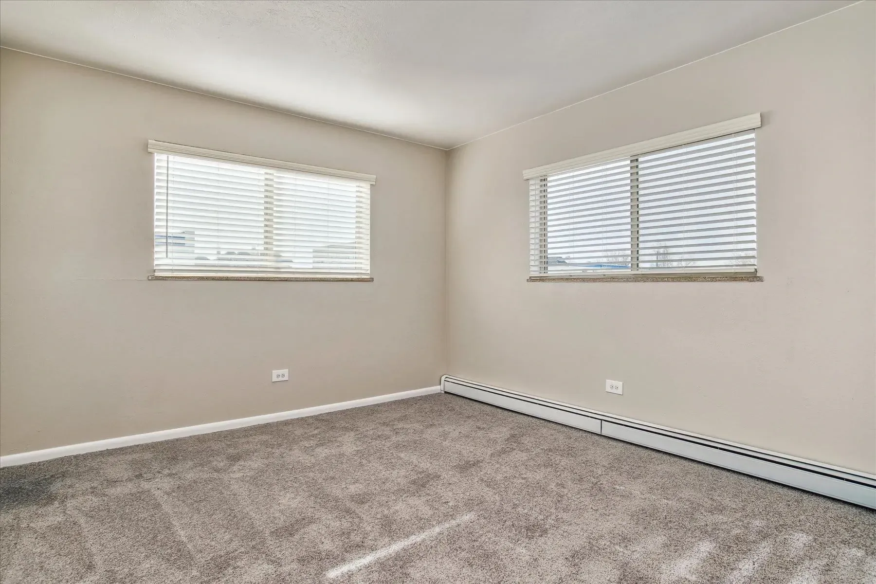 Empty bedroom with two windows and carpeted floor