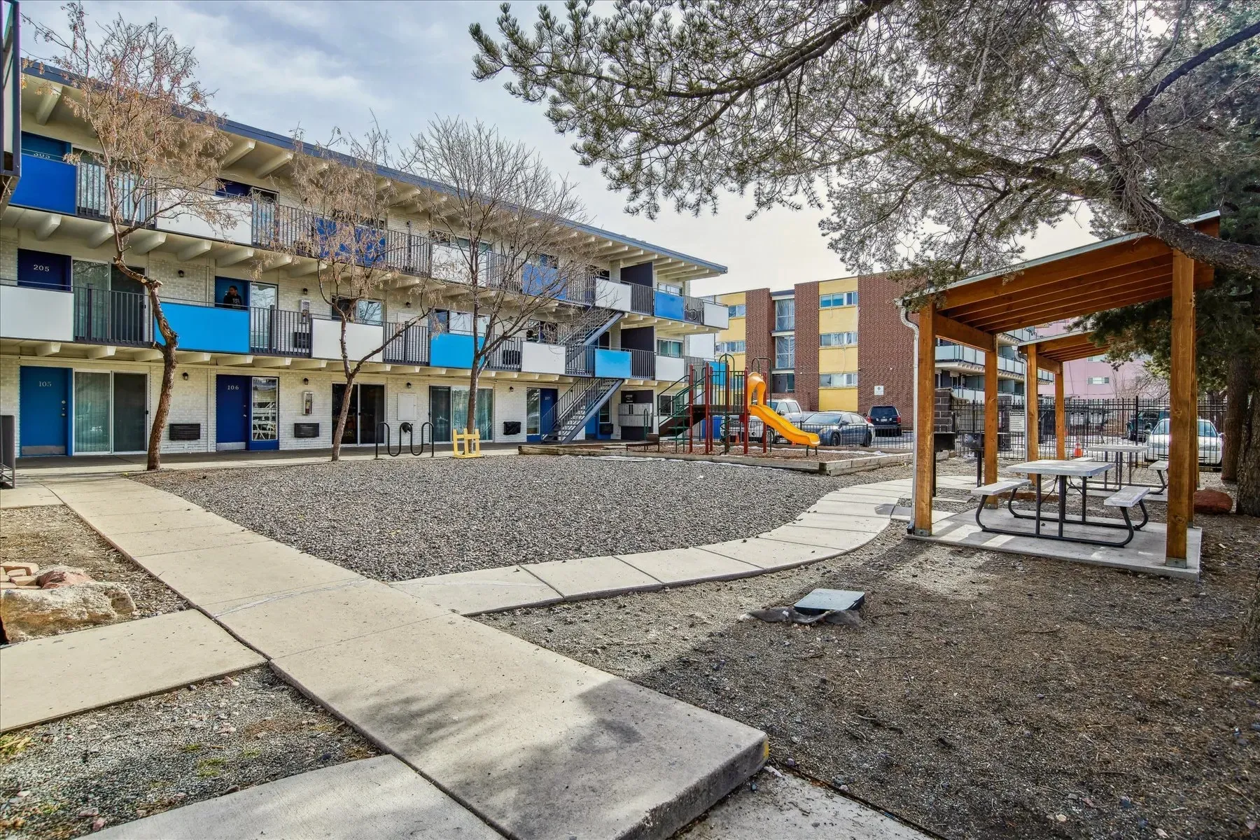 Courtyard with a playground and picnic area