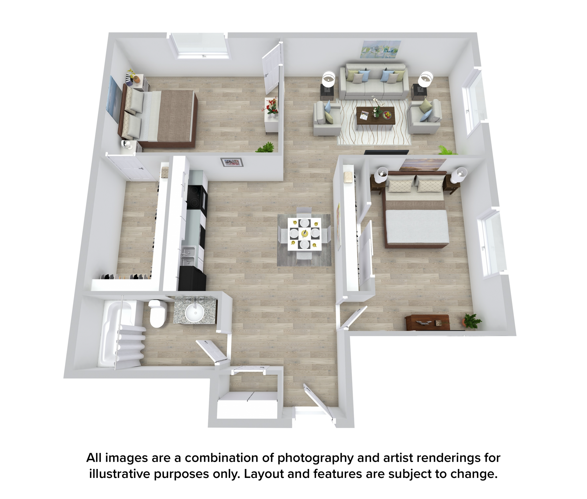 3D floor plan of a small apartment with living room, kitchen, bedroom, bathroom, and entry hall.