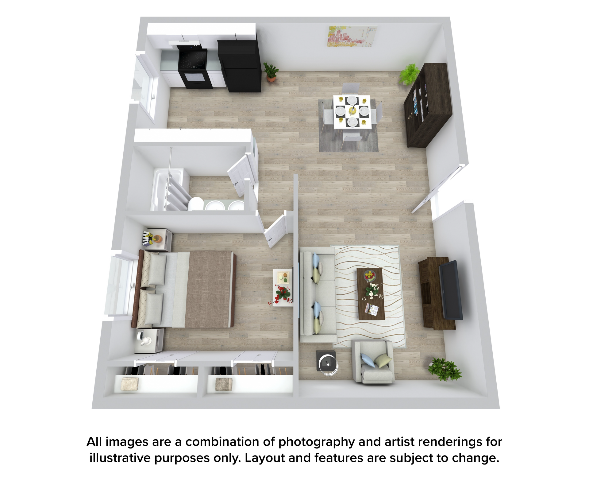 3D apartment floor plan with kitchen, living room, bedroom, and bathroom in neutral tones