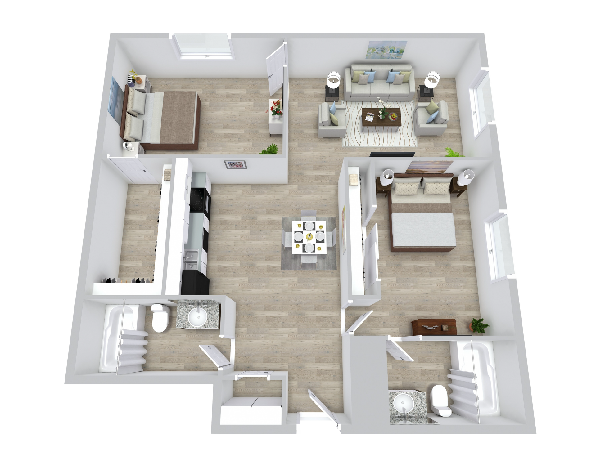 3D floor plan of a furnished two-bedroom apartment with living room, kitchen, and bath area