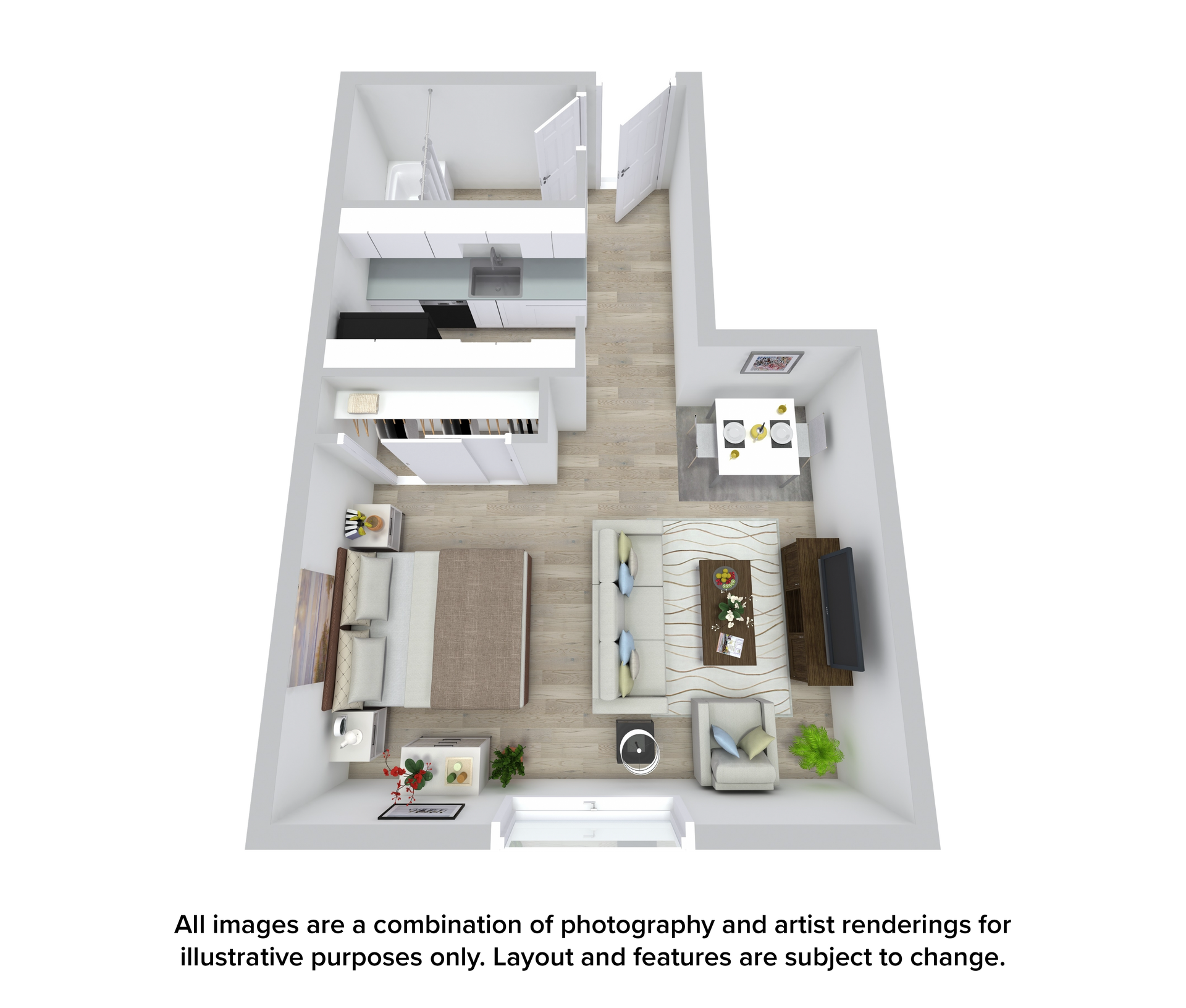 3D top-down floor plan of a furnished apartment with living room, kitchen, bedroom, and bath