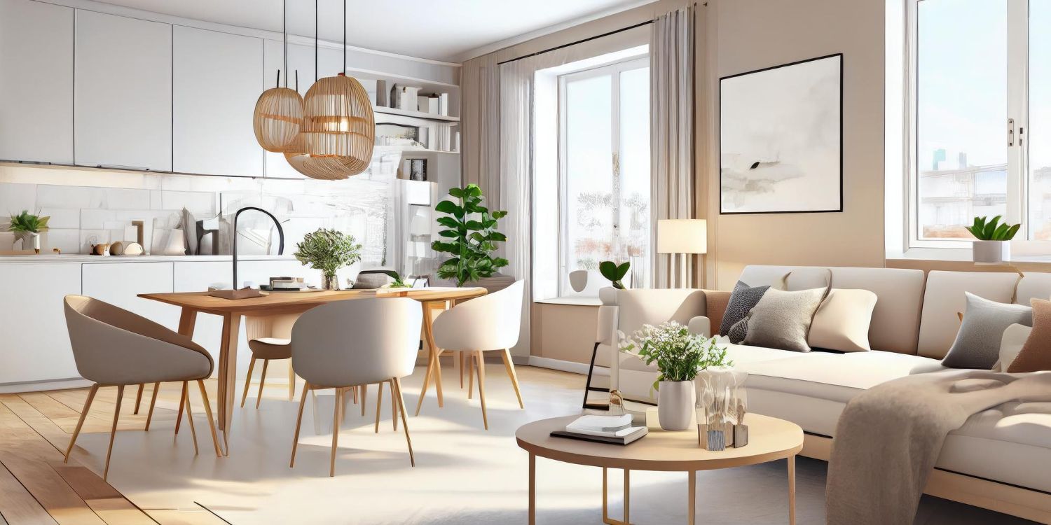 Un salon avec un canapé, une table et des chaises et une cuisine.