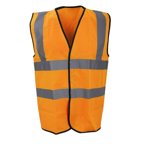Un gilet de sécurité orange à rayures grises sur fond blanc