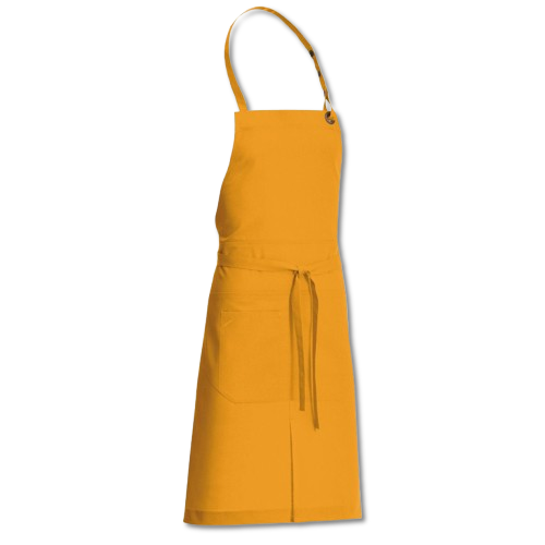 Un tablier jaune avec une sangle et des poches marron