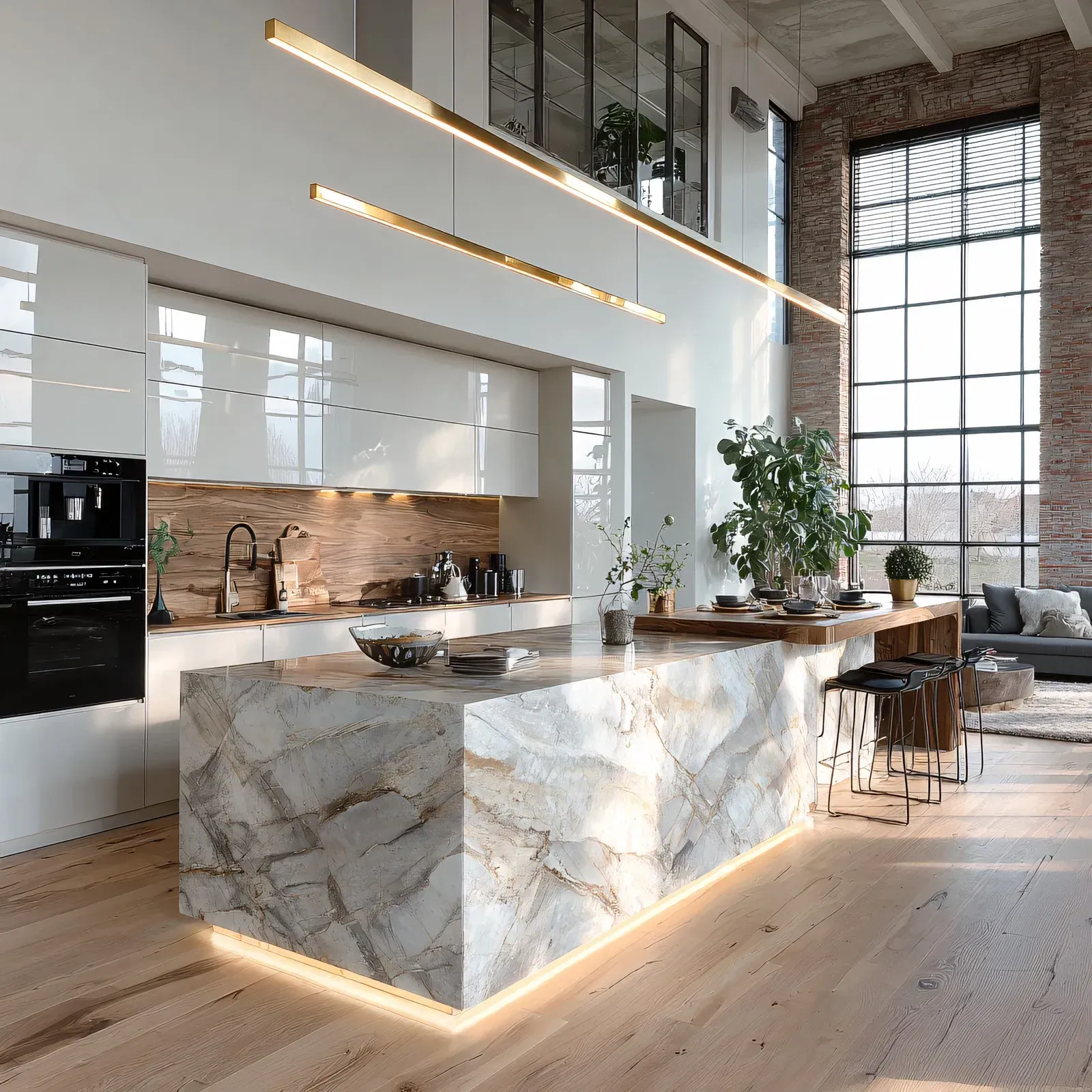 Modern kitchen with marble island, high ceilings, exposed brick wall, and linear pendant lights.