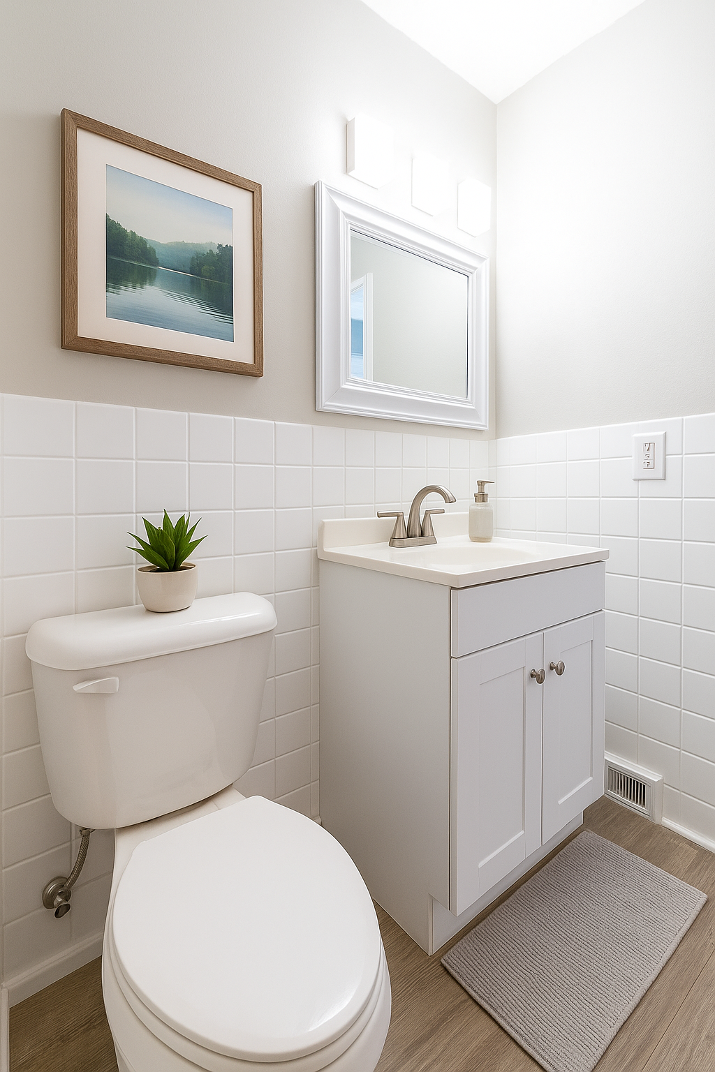 Small white bathroom with toilet, sink, framed art, and a small rug.