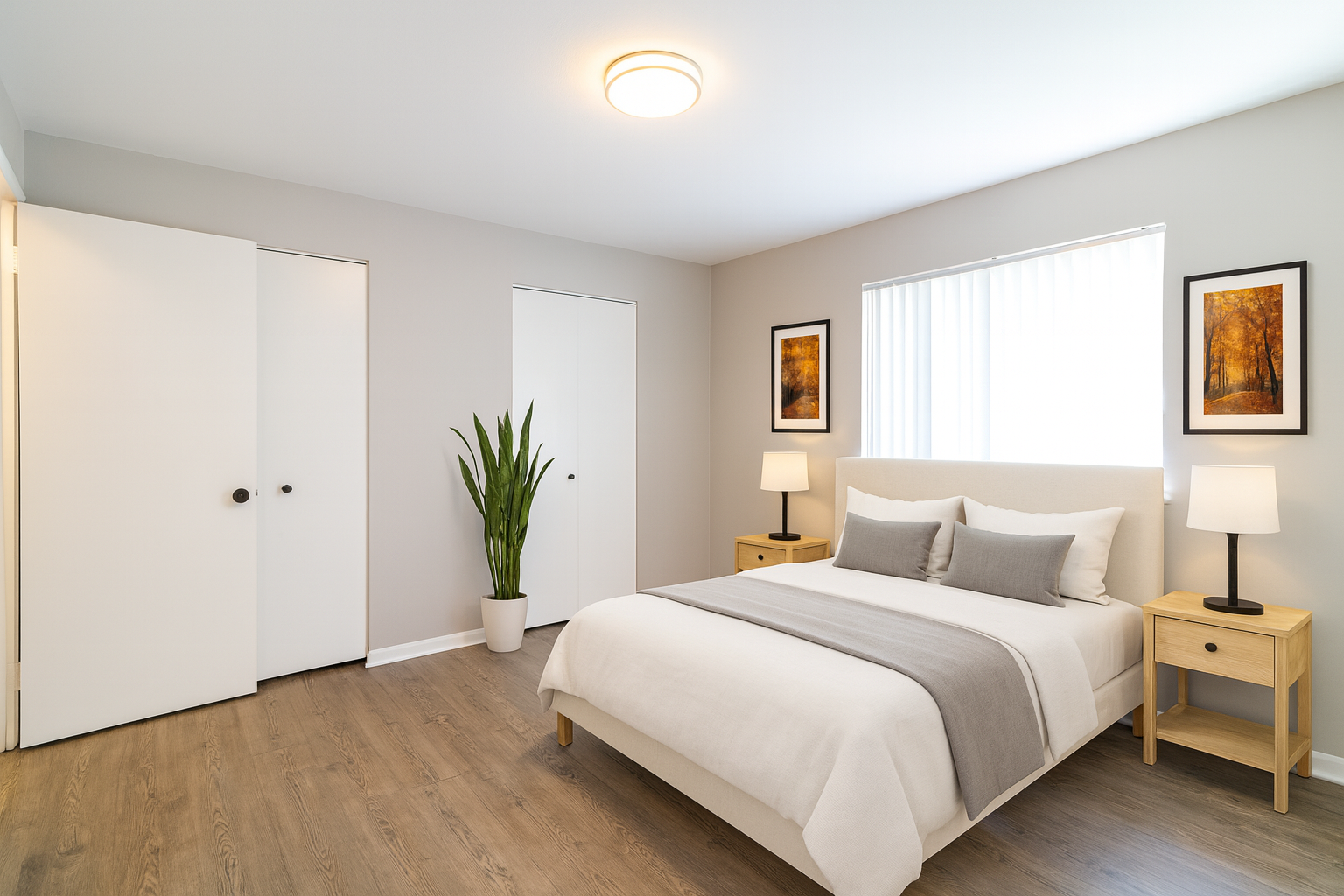 Bedroom with white bedding, two nightstands, and two framed pictures.