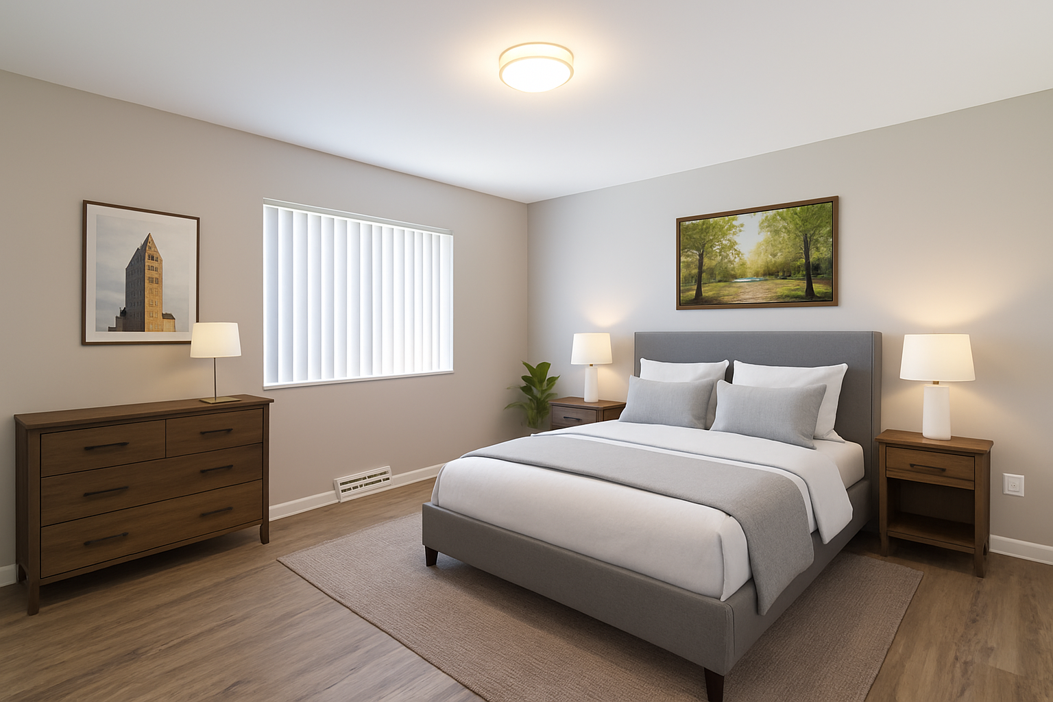 Bedroom with bed, dresser, window, artwork, and lamps; neutral color palette.