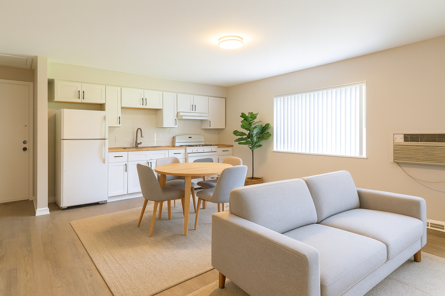 Cozy living space with a kitchen, dining table, and sofa; neutral colors and natural light.
