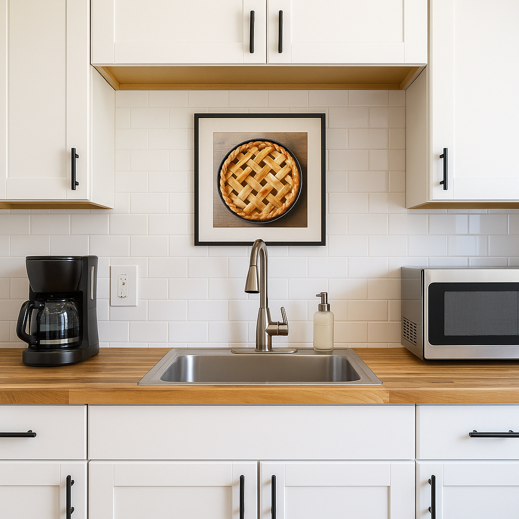 Kitchen with white cabinets, stainless steel sink, wood countertop, and pie picture.