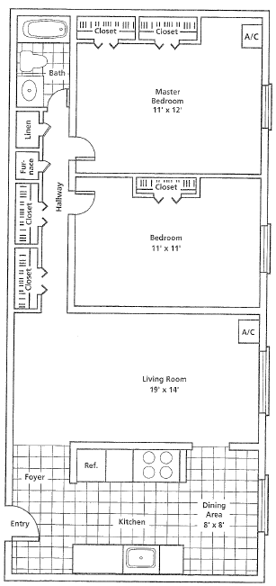 Floor plan of an apartment, with kitchen, dining area, living room, bedroom, and bathroom.