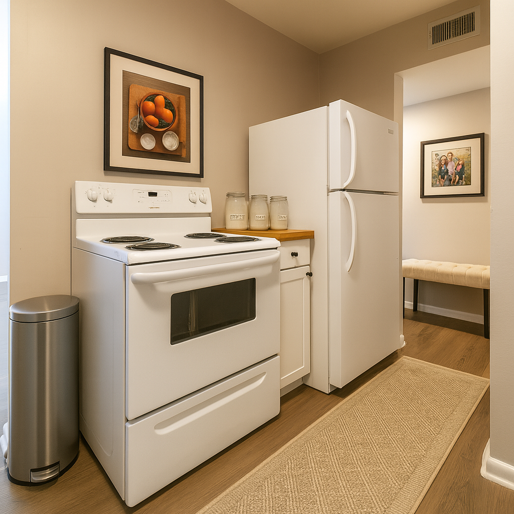 Small kitchen with white appliances, light brown cabinets, and a framed picture.