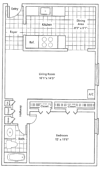 Floor plan of a small apartment with living room, kitchen, bedroom, bathroom, and closet.