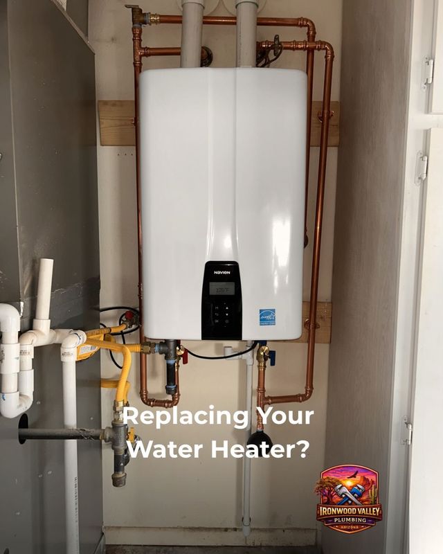 A white wall-mounted tankless water heater with copper piping, featuring text overlay asking about water heater replacement.