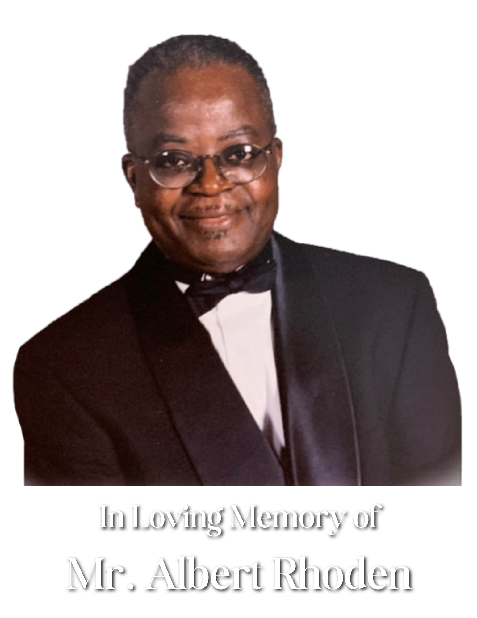 Memorial graphic: Albert Rhoden, 1948-2020, portrait smiling, red tie. Two white doves. Blue sky background.