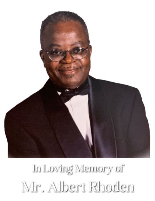 Memorial graphic: Albert Rhoden, 1948-2020, portrait smiling, red tie. Two white doves. Blue sky background.