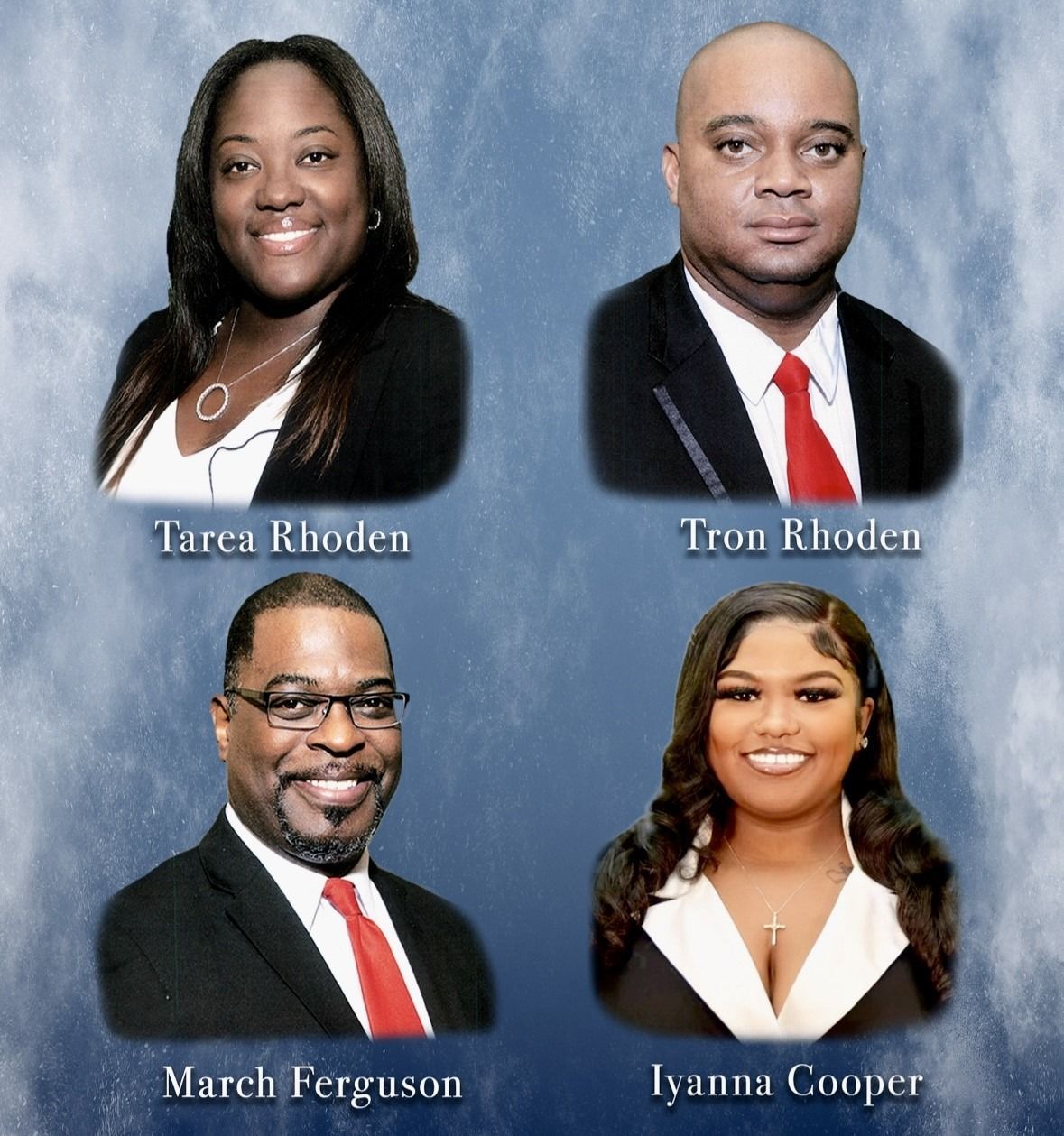 Portraits of four people: Tarca Rhoden, Tron Rhoden, March Ferguson, and Iyanna Cooper, wearing business attire.
