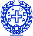 Blue emblem with a cross and letters, encircled by a wreath.
