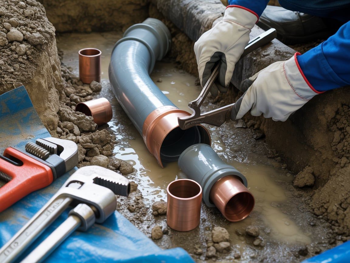 Plumber connecting pipes in a trench, using tools. The scene includes grey pipes, copper fittings, and tools.