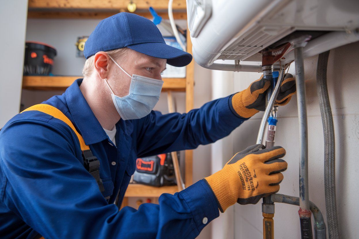 A man wearing a mask and gloves is working on a boiler.