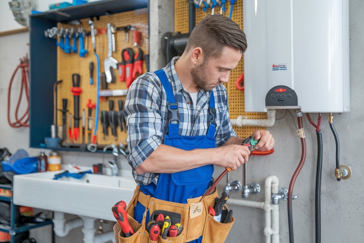 A plumber is working on a water heater in a bathroom.