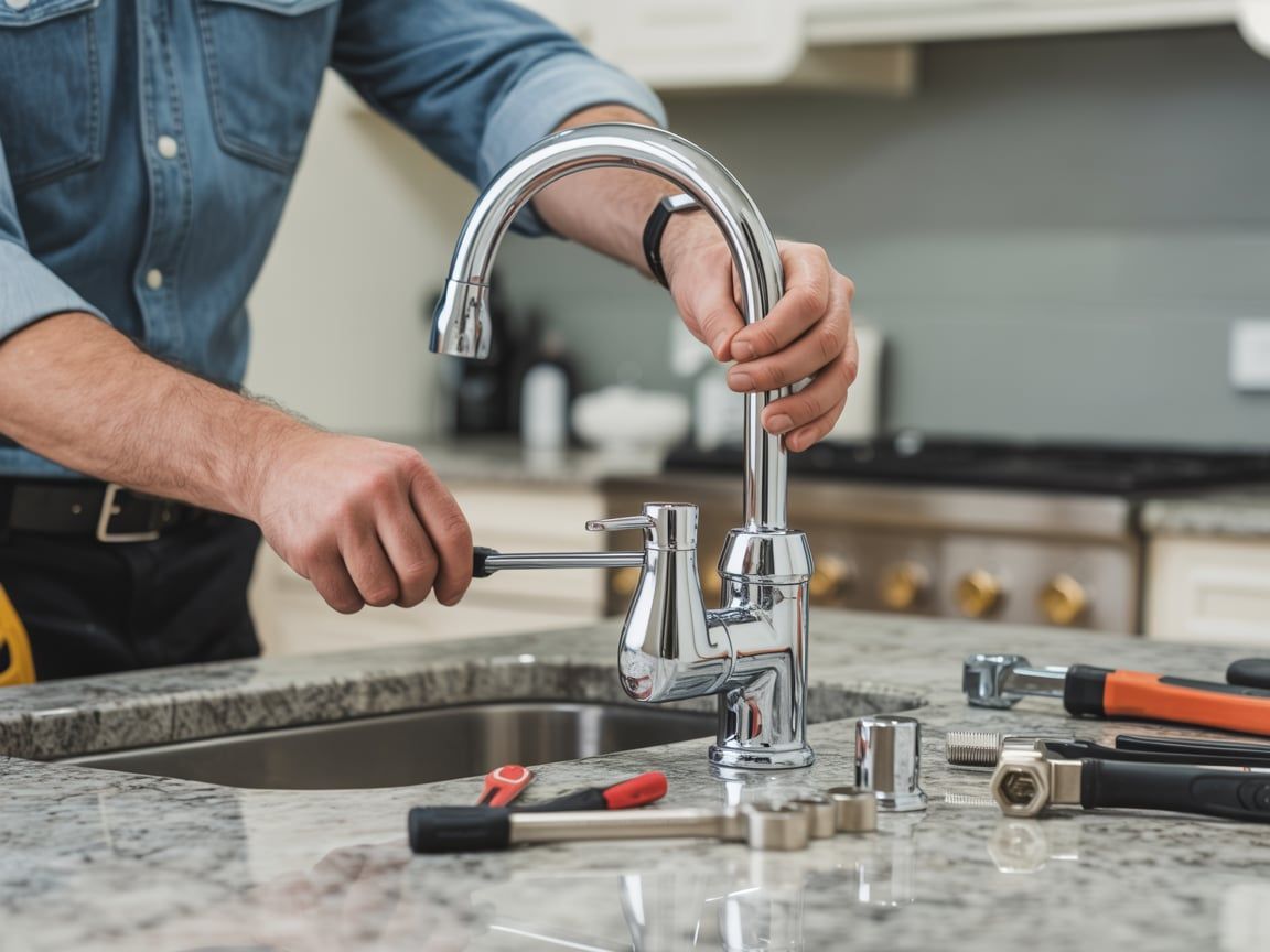 Plumber installing a chrome faucet in a kitchen. Tools on countertop.