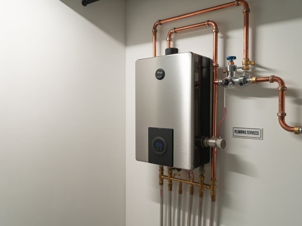 Stainless steel water heater with copper pipes on a white wall.