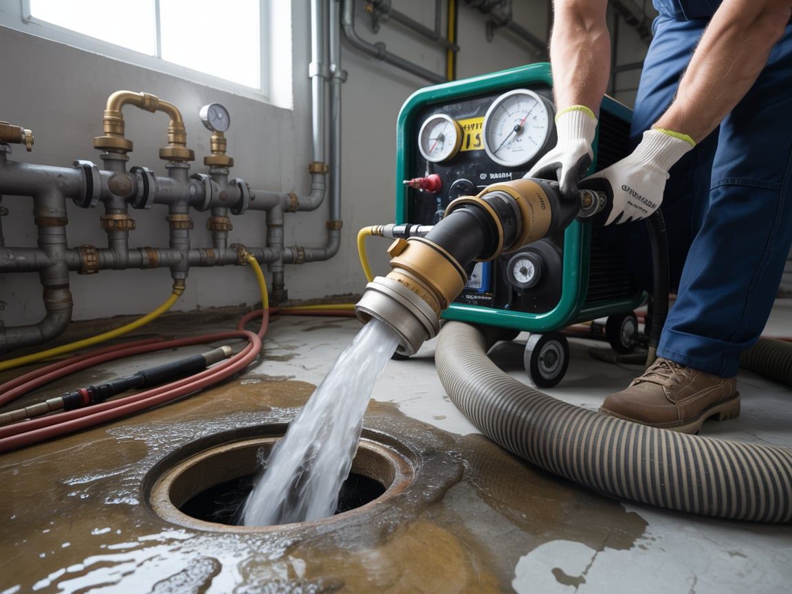 Man using a pump to discharge water from a manhole in an industrial setting.