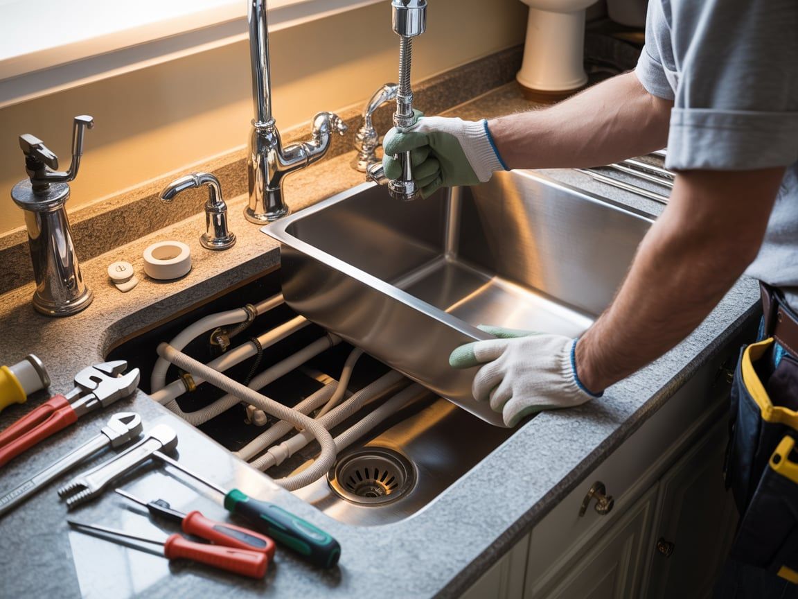 Plumber working on a kitchen sink, holding it with gloves, tools on countertop.