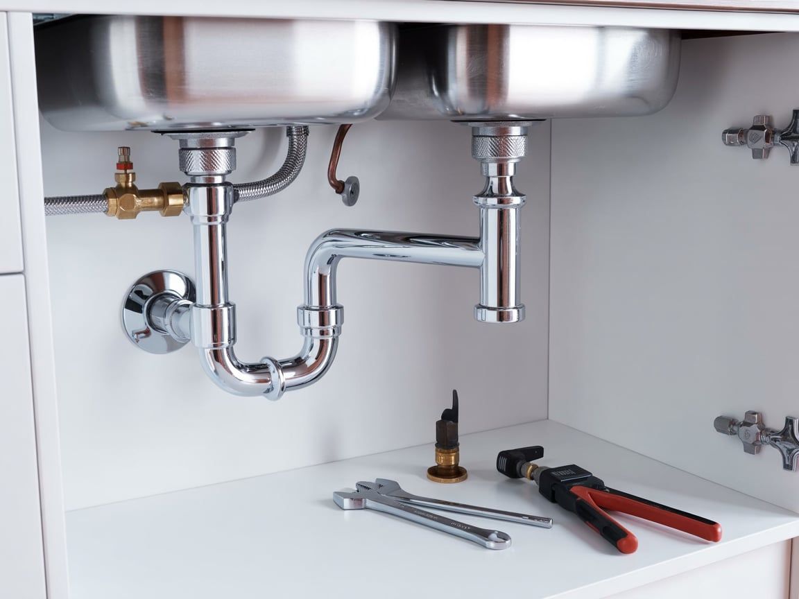 Plumbing under a kitchen sink with pipes, fixtures, and tools for repairs.