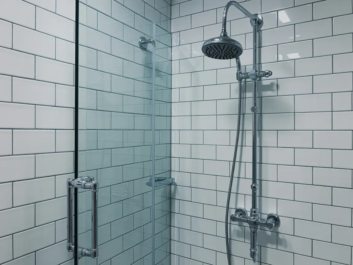 White tiled shower with a glass door, silver shower fixtures.